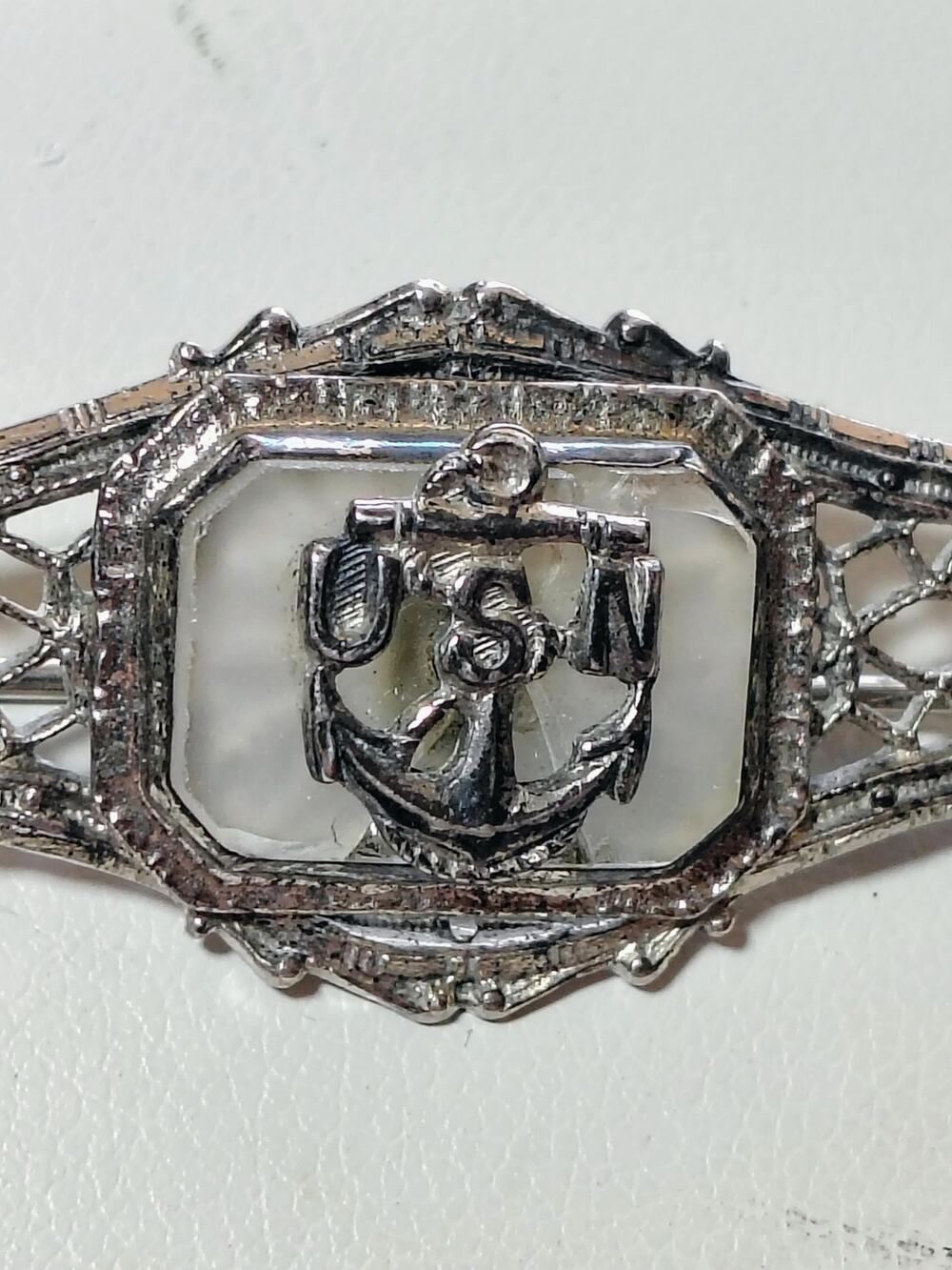 Vintage Sterling Silver USN Navy Mother of Pearl Art Deco Sweetheart Brooch